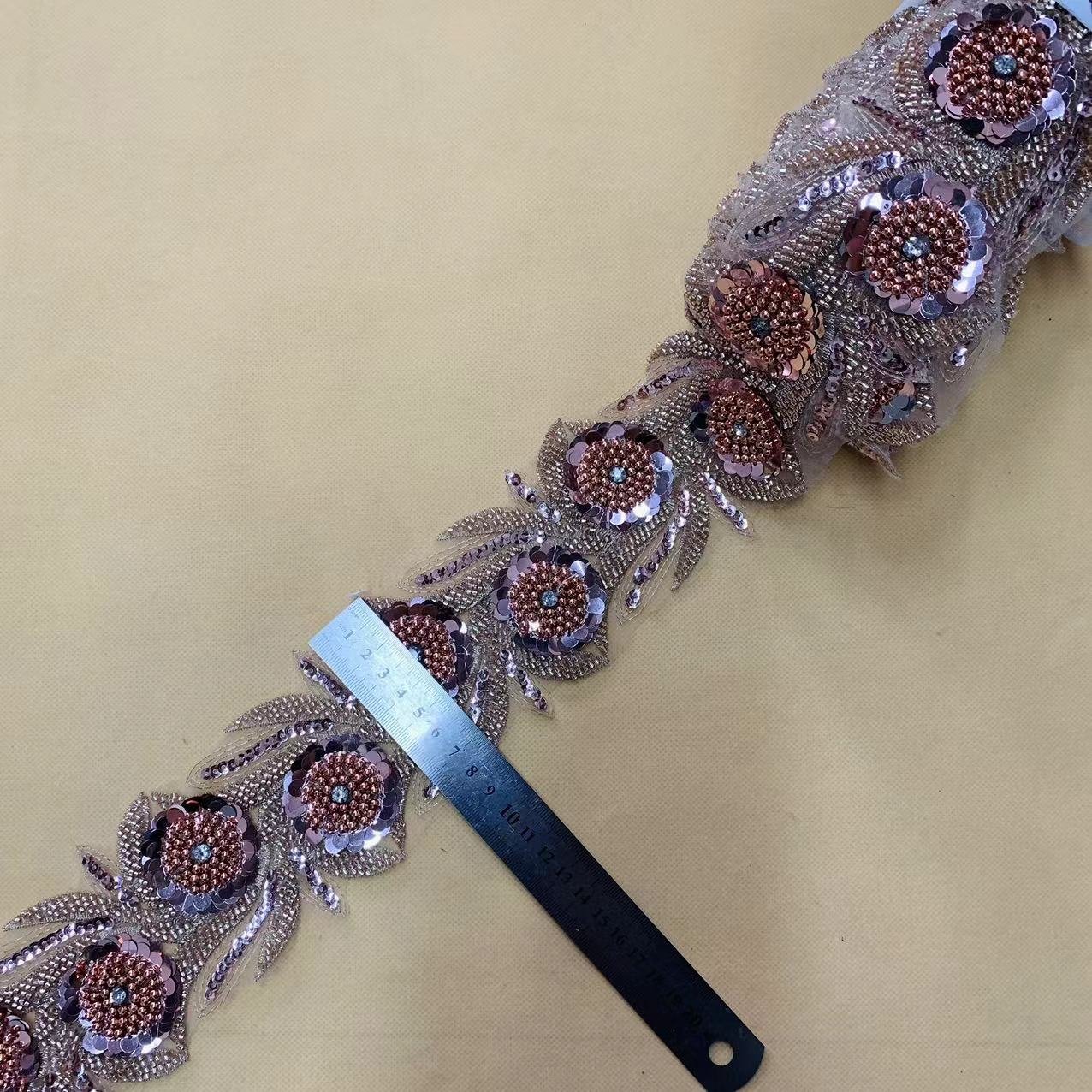 ZSY Exquisite Rose Gold Floral rhinestone sequin seed bead lace applique Rose pattern Beaded Lace Trim for Bridal dress