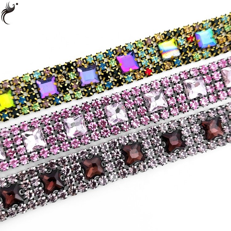 Factory price mesh drill square glass hand stitched glue glass crystal Chain Trim