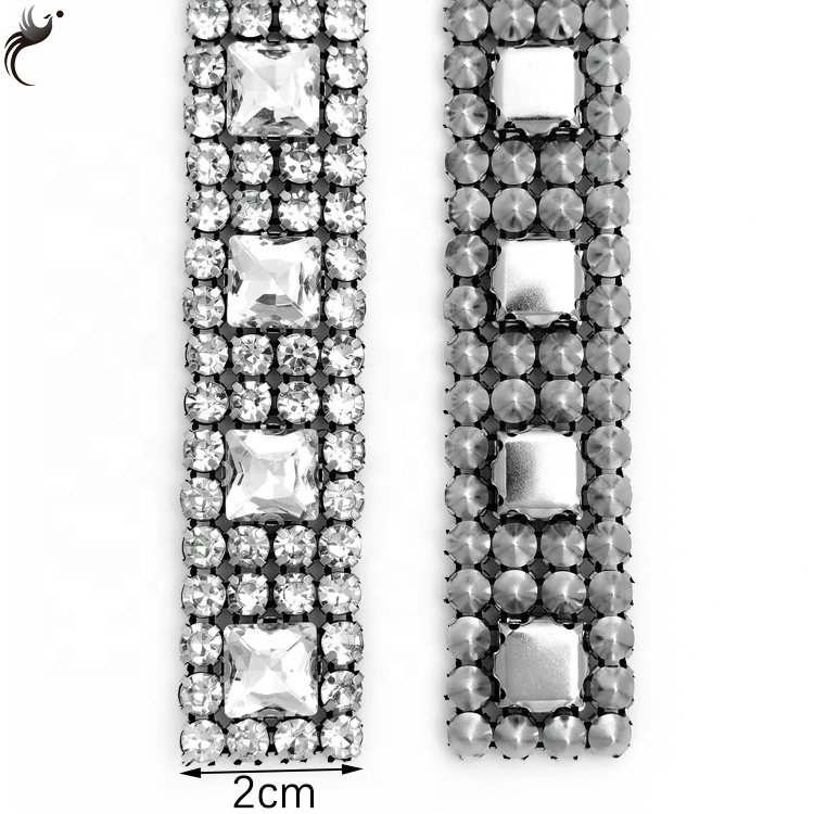Factory price mesh drill square glass hand stitched glue glass crystal Chain Trim