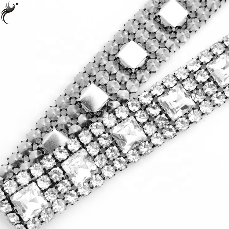 Factory price mesh drill square glass hand stitched glue glass crystal Chain Trim