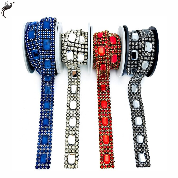 Factory price mesh drill square glass hand stitched glue glass crystal Chain Trim