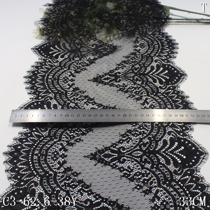 Elegant 33cm wide black red 100% Nylon Chantilly French Lace Trim High Tulle Mesh Fabric for Evening Dress Clothing