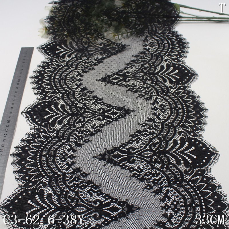 Elegant 33cm wide black red 100% Nylon Chantilly French Lace Trim High Tulle Mesh Fabric for Evening Dress Clothing