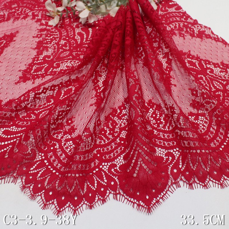 Elegant 33cm wide black red 100% Nylon Chantilly French Lace Trim High Tulle Mesh Fabric for Evening Dress Clothing