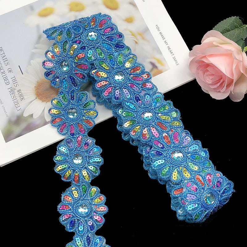 Wholesale shiny colorful laser color sequin trim flat metallic Glitter webbing sequin lace trimming