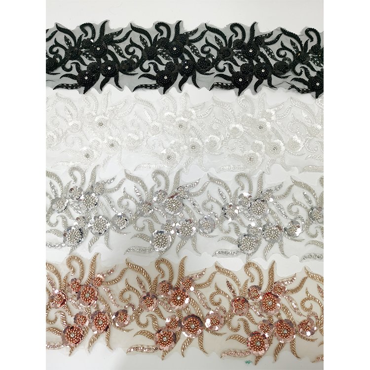wholesale price 3d flower lace embroidered fabric gold yellow sliver Beaded sequin trim for accessories cloth dress