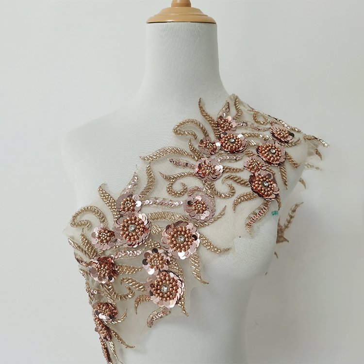 wholesale price 3d flower lace embroidered fabric gold yellow sliver Beaded sequin trim for accessories cloth dress