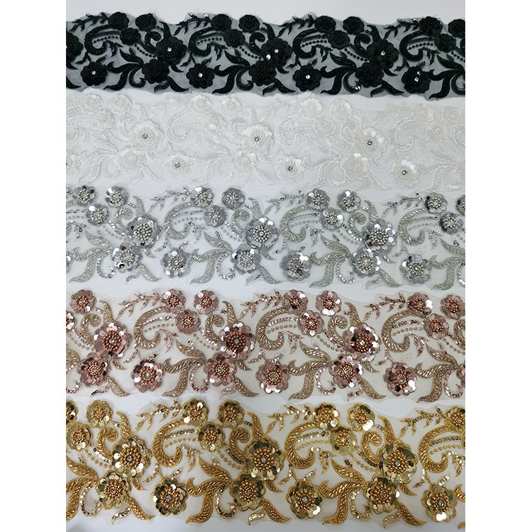 wholesale price 3d flower lace embroidered fabric gold yellow sliver Beaded sequin trim for accessories cloth dress