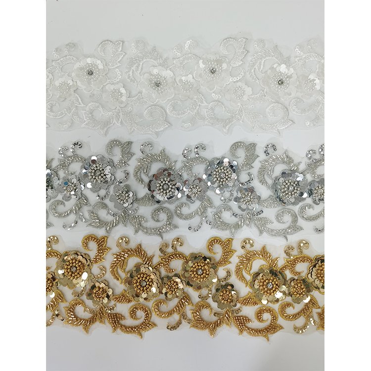wholesale price 3d flower lace embroidered fabric gold yellow sliver Beaded sequin trim for accessories cloth dress