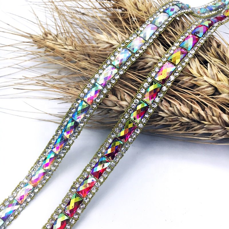 3/8'' lace trim with 5mm*10mm shiny resin hot fix trim used for stage cloth