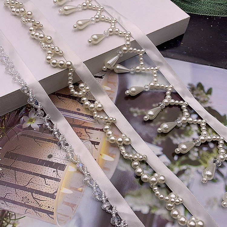 JFL029 Hot Sale Retro Pearl Lace Ribbon Diy Handmade Beaded Trimming Tassel Fringe Trimming
