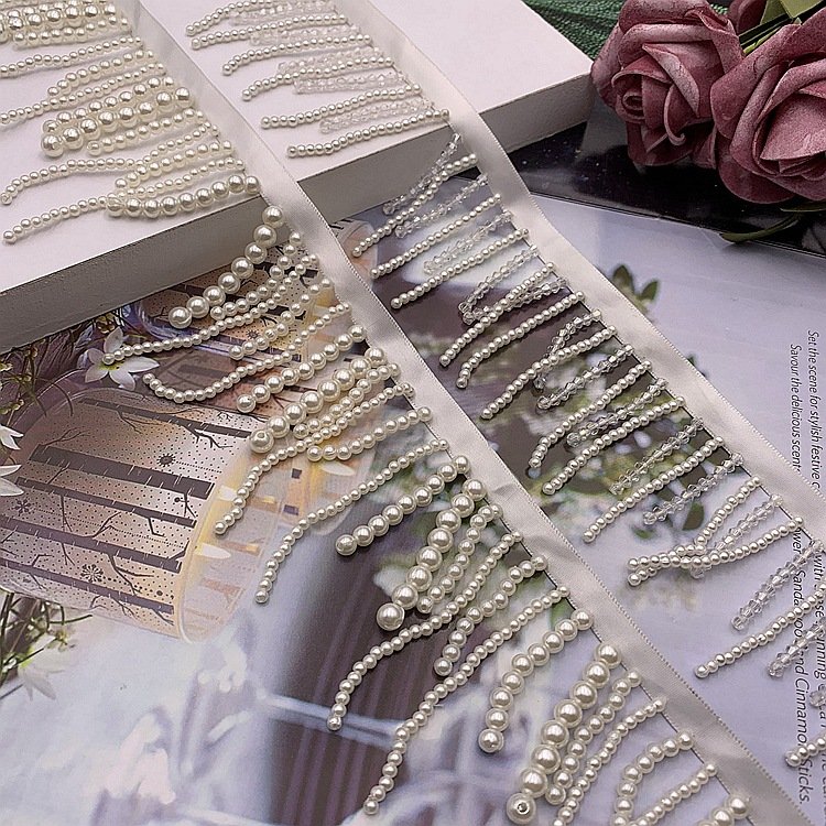 JFL029 Hot Sale Retro Pearl Lace Ribbon Diy Handmade Beaded Trimming Tassel Fringe Trimming