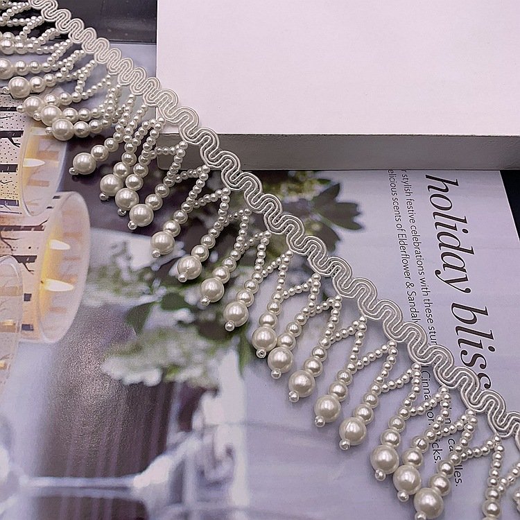 JFL029 Hot Sale Retro Pearl Lace Ribbon Diy Handmade Beaded Trimming Tassel Fringe Trimming