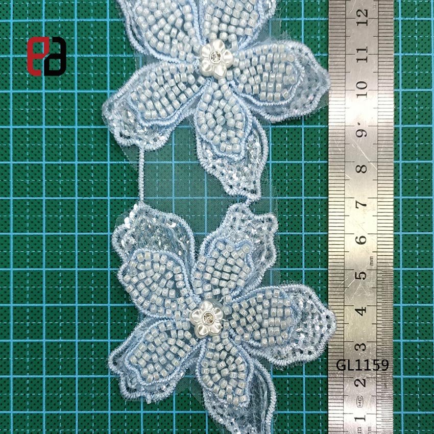 Wholesale Bridal Lace And Trim Flowers Floral Beaded Embroidered Lace Trimming For Bridal Dresses and Dance Costumes