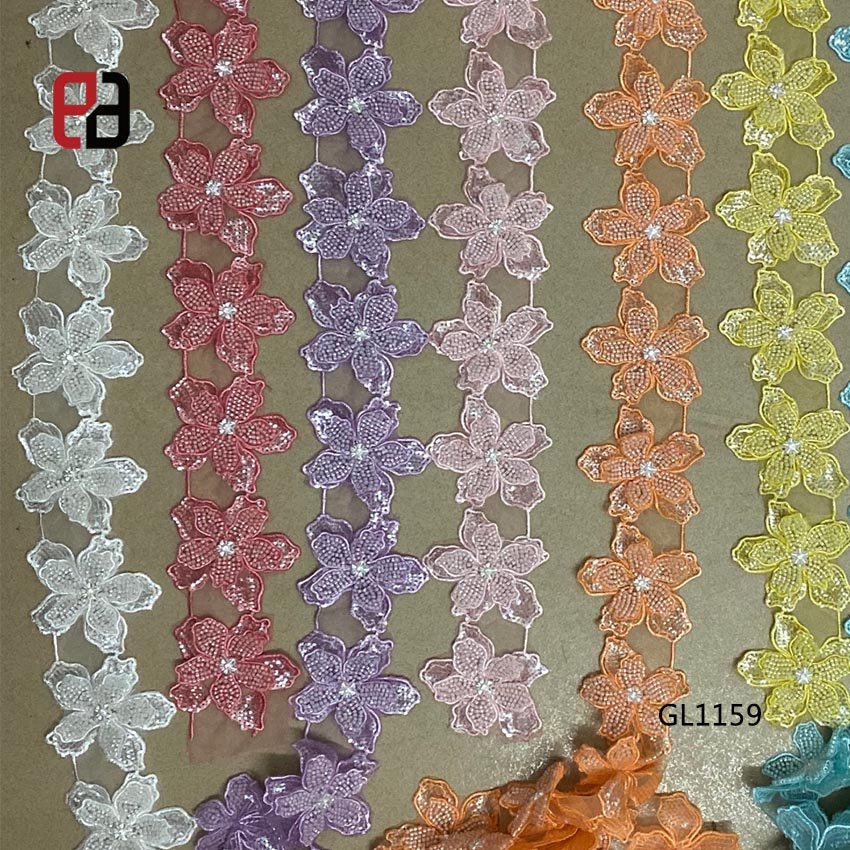 Wholesale Bridal Lace And Trim Flowers Floral Beaded Embroidered Lace Trimming For Bridal Dresses and Dance Costumes