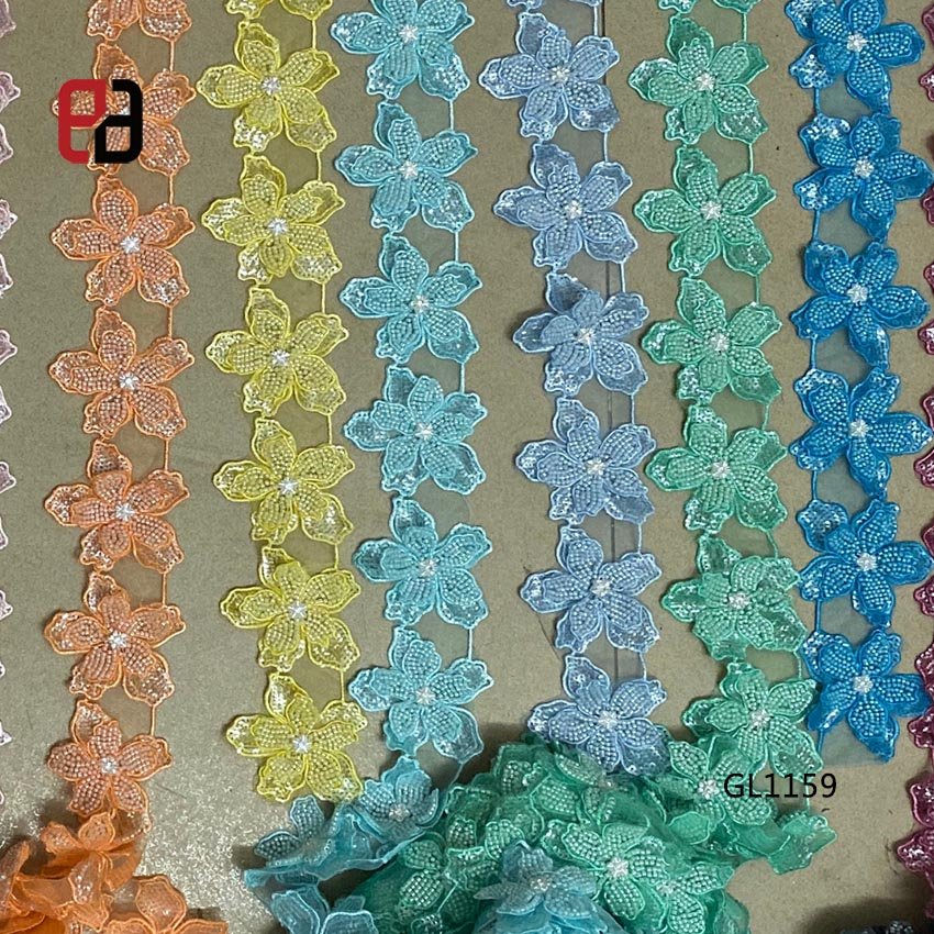 Wholesale Bridal Lace And Trim Flowers Floral Beaded Embroidered Lace Trimming For Bridal Dresses and Dance Costumes