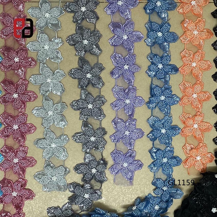 Wholesale Bridal Lace And Trim Flowers Floral Beaded Embroidered Lace Trimming For Bridal Dresses and Dance Costumes