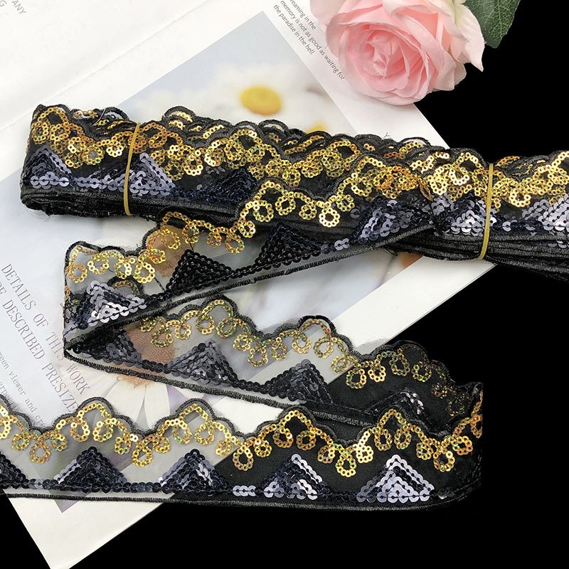 Curtain fabric lace colored Gold Sequins Border Lace Fabric Embroidery Colorful Border Lace Trimming For Women Dress
