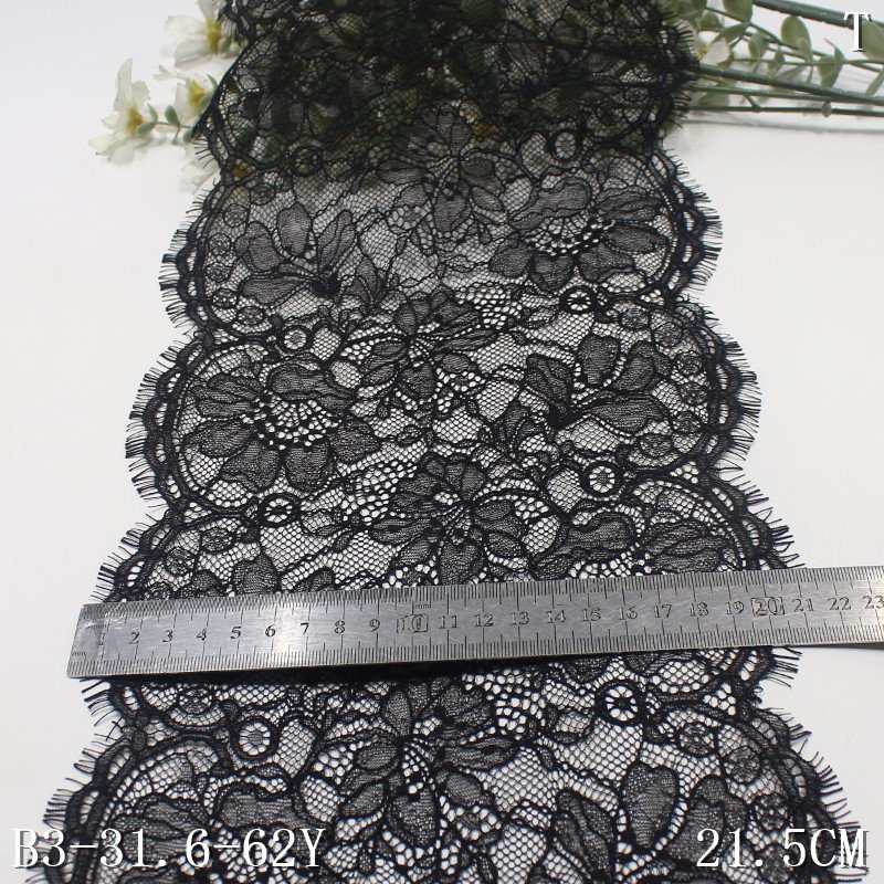 the industry factory price high quality 21cm wide black french galloon Lace Chantilly eyelash 100% nylon lingerie Lace fabric