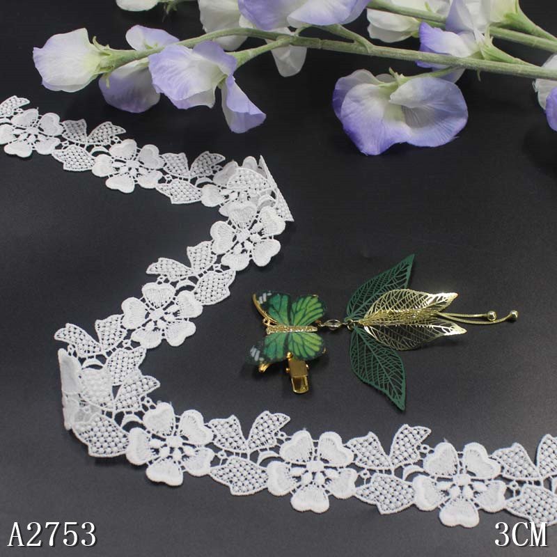 In Stock White Guipure Floral Embroidery lace trim 3cm Water Soluble Milk Silk 100% Polyester Lace Trim
