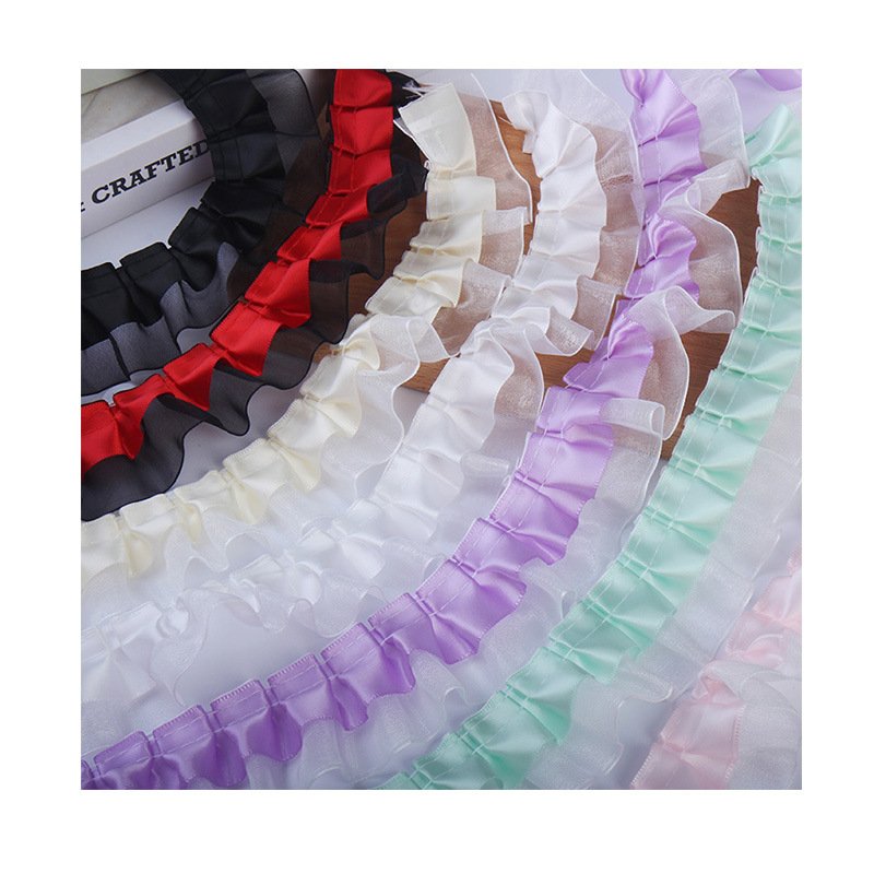 Hot Sale 4cm Double-Layer Polyester Chiffon Pleated Lace Trims Handmade DIY Headdress Wedding Dress Skirt Clothing