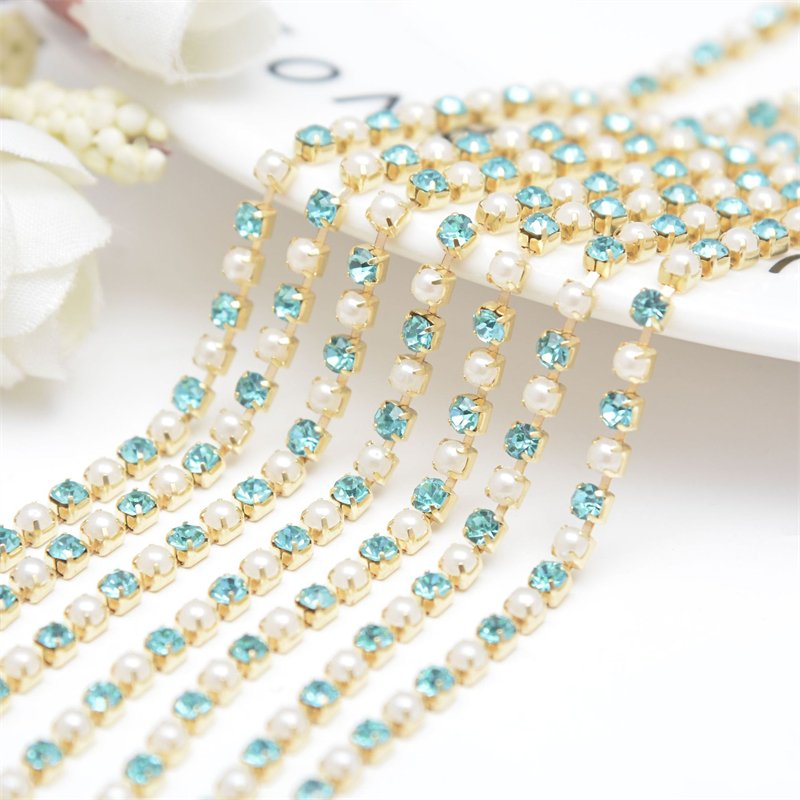 2mm 2.5mm 3mm 4mm Wholesale Fashion Jewelry Pearl Crystal Diamond Trim Chaton Cup Chain Golden Claw Rhinestone Chain Stones