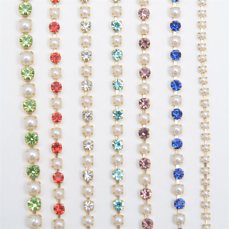 2mm 2.5mm 3mm 4mm Wholesale Fashion Jewelry Pearl Crystal Diamond Trim Chaton Cup Chain Golden Claw Rhinestone Chain Stones