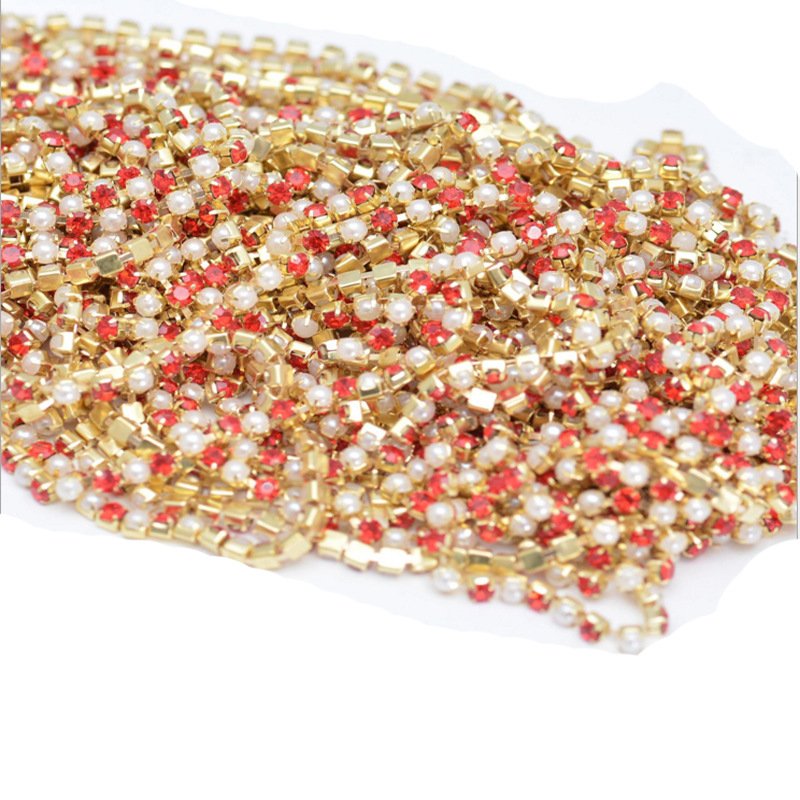 2mm 2.5mm 3mm 4mm Wholesale Fashion Jewelry Pearl Crystal Diamond Trim Chaton Cup Chain Golden Claw Rhinestone Chain Stones