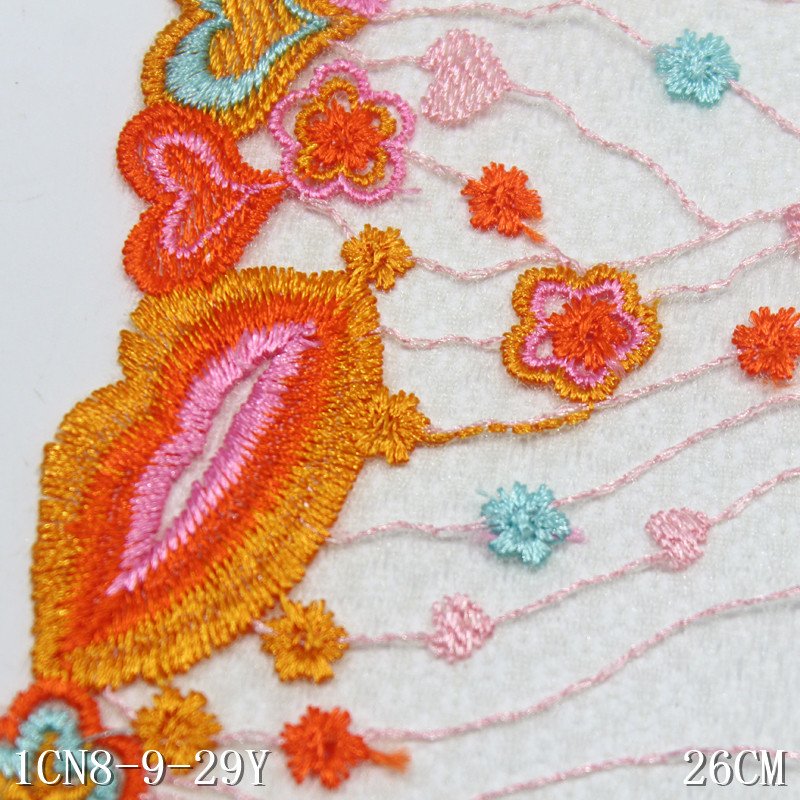 Sexy Lingerie Mesh floral Embroidered Lace fabric Colorful Lip heart Shape 26cm Embroidery Lace trim for Women Underwear