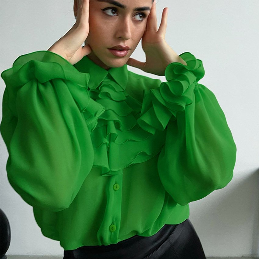 New arrivals chiffon green trim long sleeve office Ladies outwear fashion women clothing Shirt Blouse Top