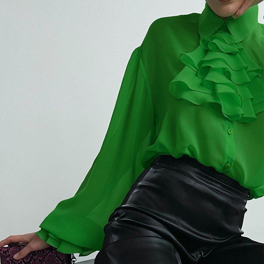 New arrivals chiffon green trim long sleeve office Ladies outwear fashion women clothing Shirt Blouse Top