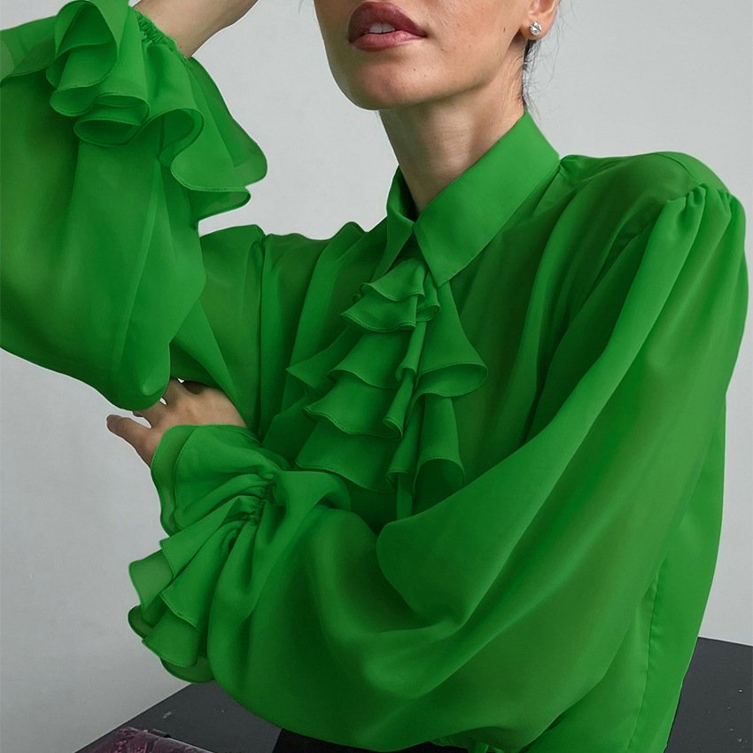New arrivals chiffon green trim long sleeve office Ladies outwear fashion women clothing Shirt Blouse Top
