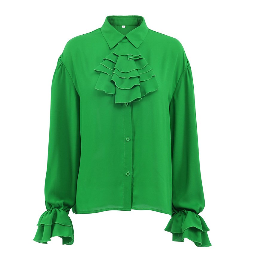 New arrivals chiffon green trim long sleeve office Ladies outwear fashion women clothing Shirt Blouse Top