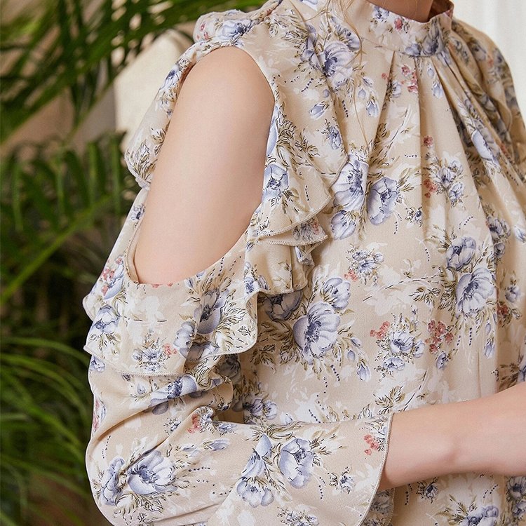 New Arrival Fashion Women Long Sleeve Elegant Shirts Women Floral Ruffle Trim Cold Shoulder Blouse