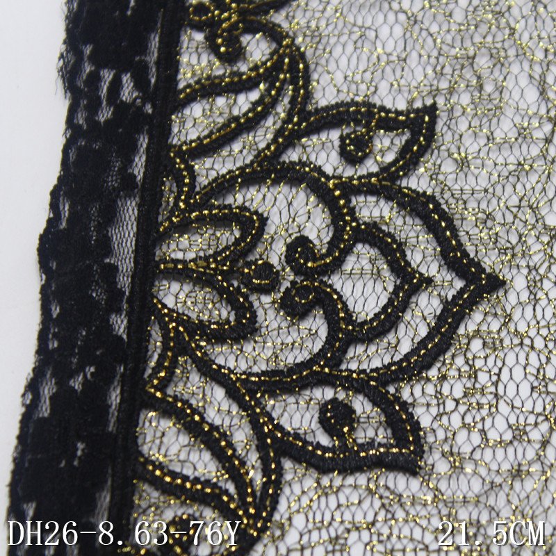 Black net Lace with gold thread 21cm Floral Embroidery Lace Polyester Nylon Lace Trim for Ladies dress