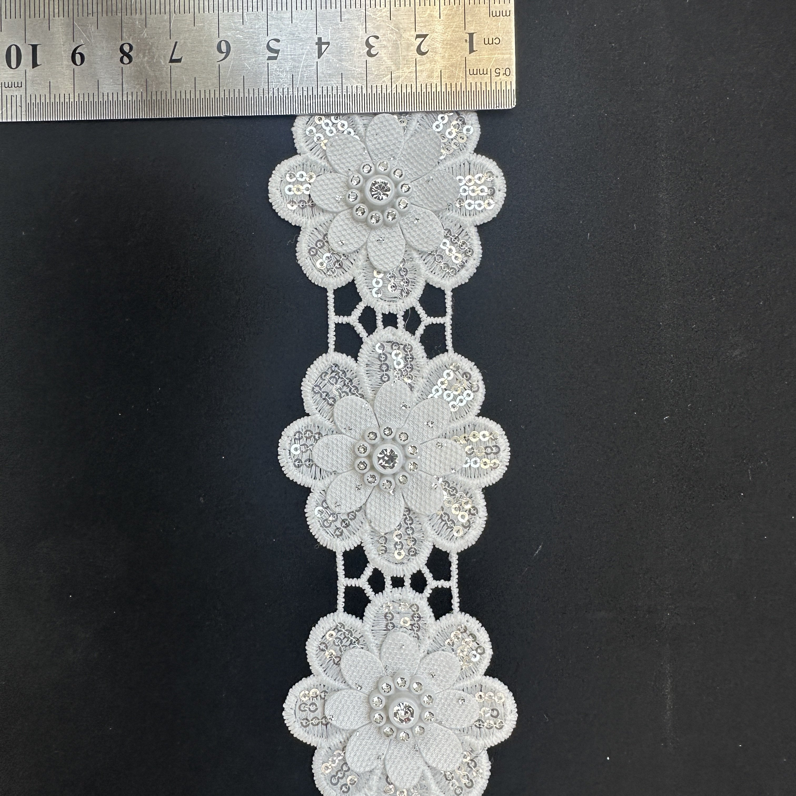White Beaded Polyester Shiny Water Soluble 3d Flower Rhinestone Lace Trim
