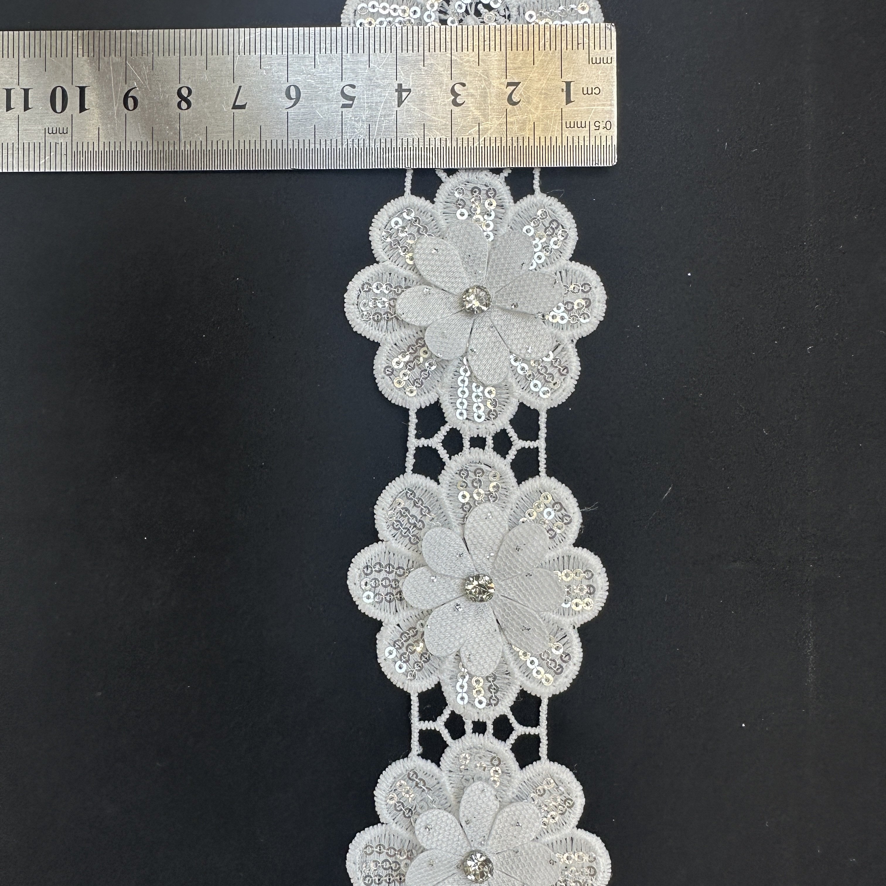 White Beaded Polyester Shiny Water Soluble 3d Flower Rhinestone Lace Trim