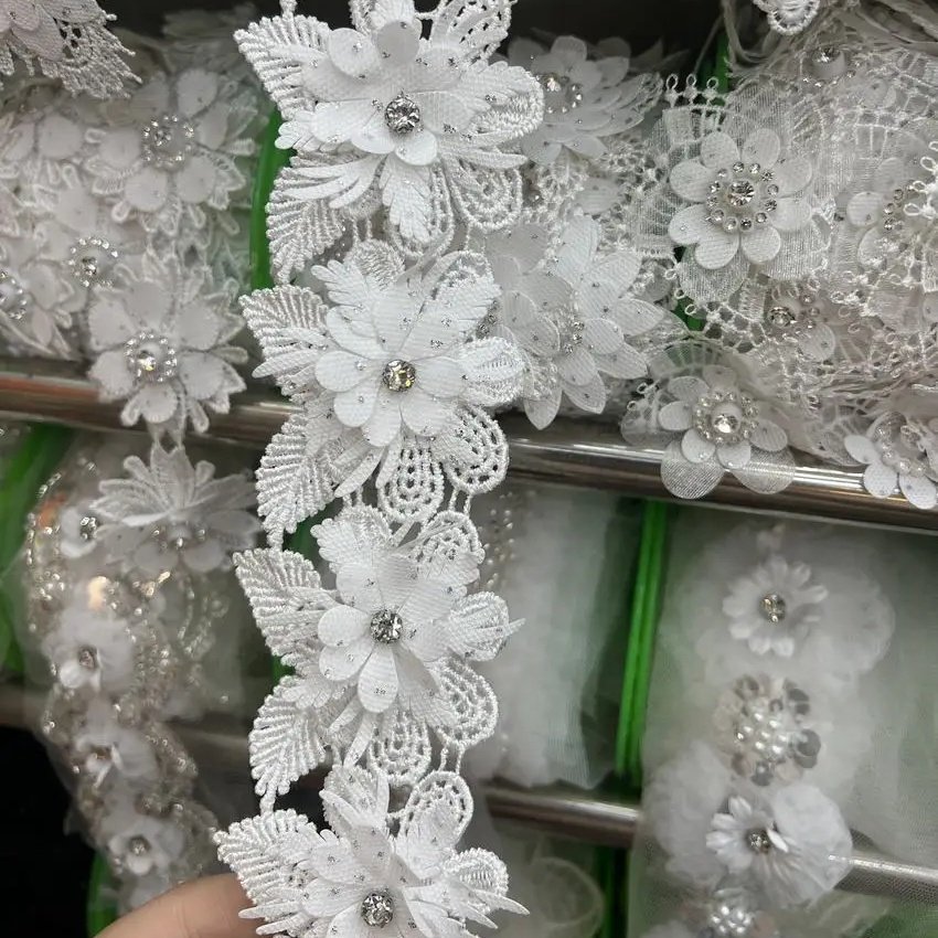 Luxury guipure lace trim sustainable white 3D flowers embroidery lace trim for dress decoration water soluble beaded lace trim