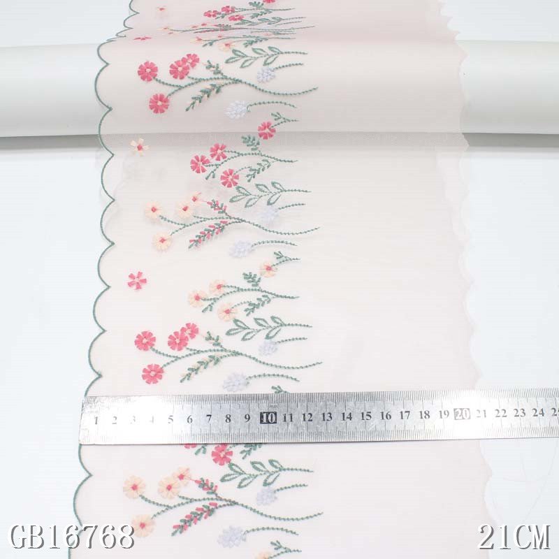 Lace factory in china Pink 21cm fancy Flower Embroidery Laces Fabrics embroidered mesh Lace Trim for women Dress sexy lingerie