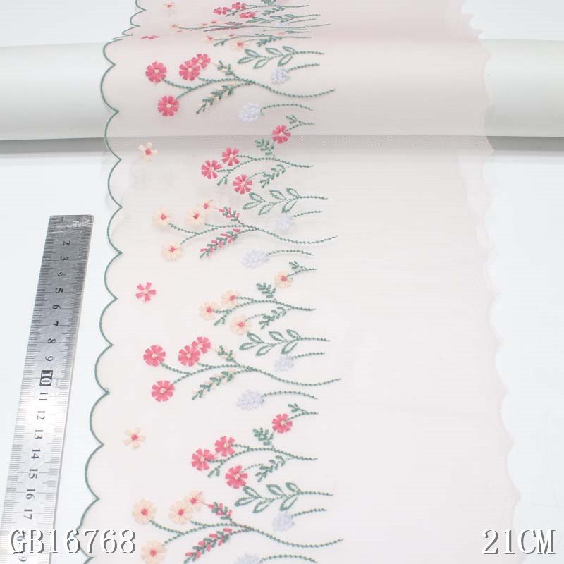 Lace factory in china Pink 21cm fancy Flower Embroidery Laces Fabrics embroidered mesh Lace Trim for women Dress sexy lingerie