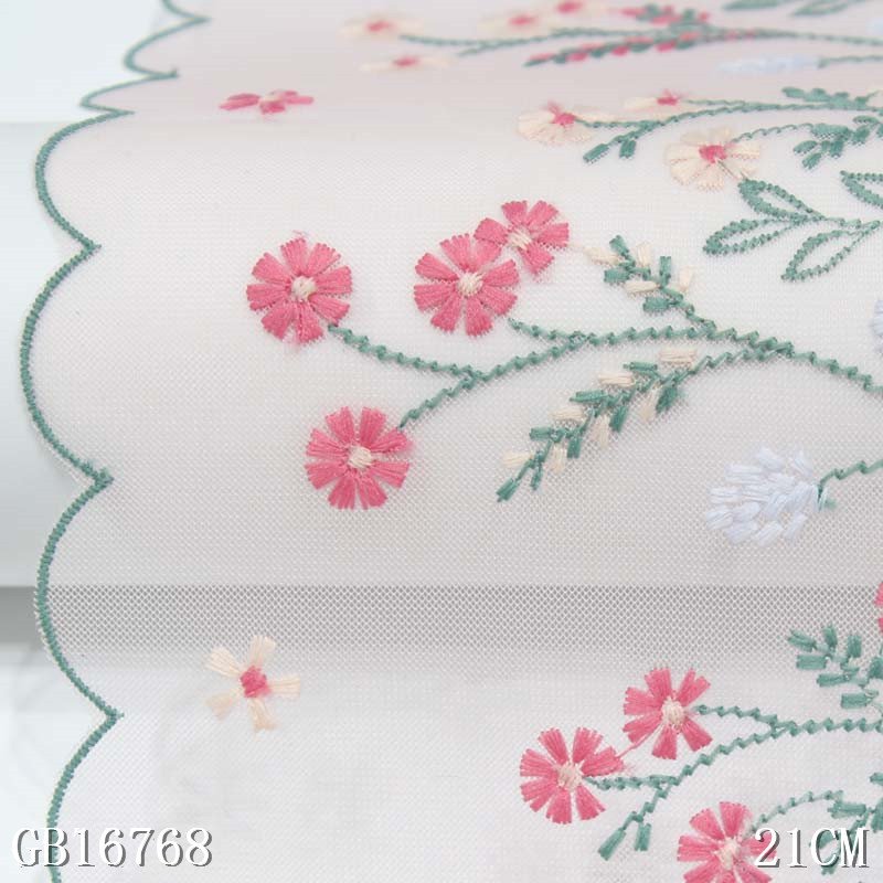 Lace factory in china Pink 21cm fancy Flower Embroidery Laces Fabrics embroidered mesh Lace Trim for women Dress sexy lingerie