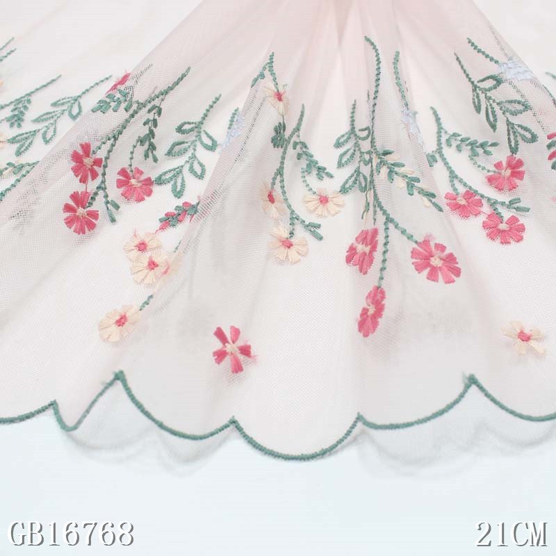 Lace factory in china Pink 21cm fancy Flower Embroidery Laces Fabrics embroidered mesh Lace Trim for women Dress sexy lingerie