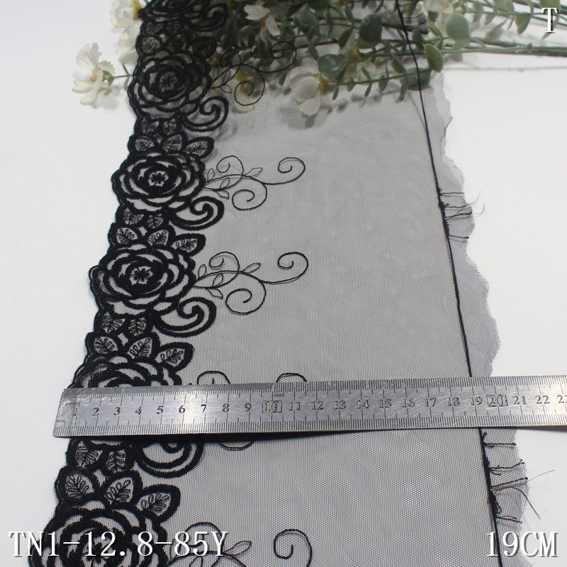 Vintage Fresh 21CM Black Blue Tulle Vivid Rose Embroidery Lace Voile Embroidered Lace Trim Lace Fabric For Women Dress