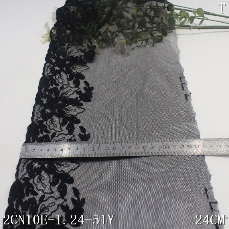 Flower Mesh Embroidery Lace 26cm wide Black Embroidered Lace Trim Polyester Nylon Lace For Lingerie