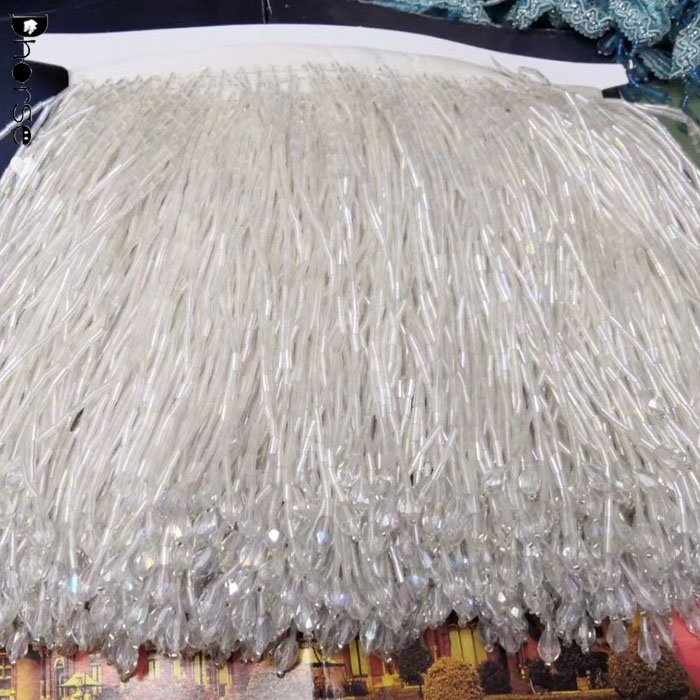 Hot sell fashion bling bling hand sew on ribbon long trim gold beaded fringe trimming for evening wear