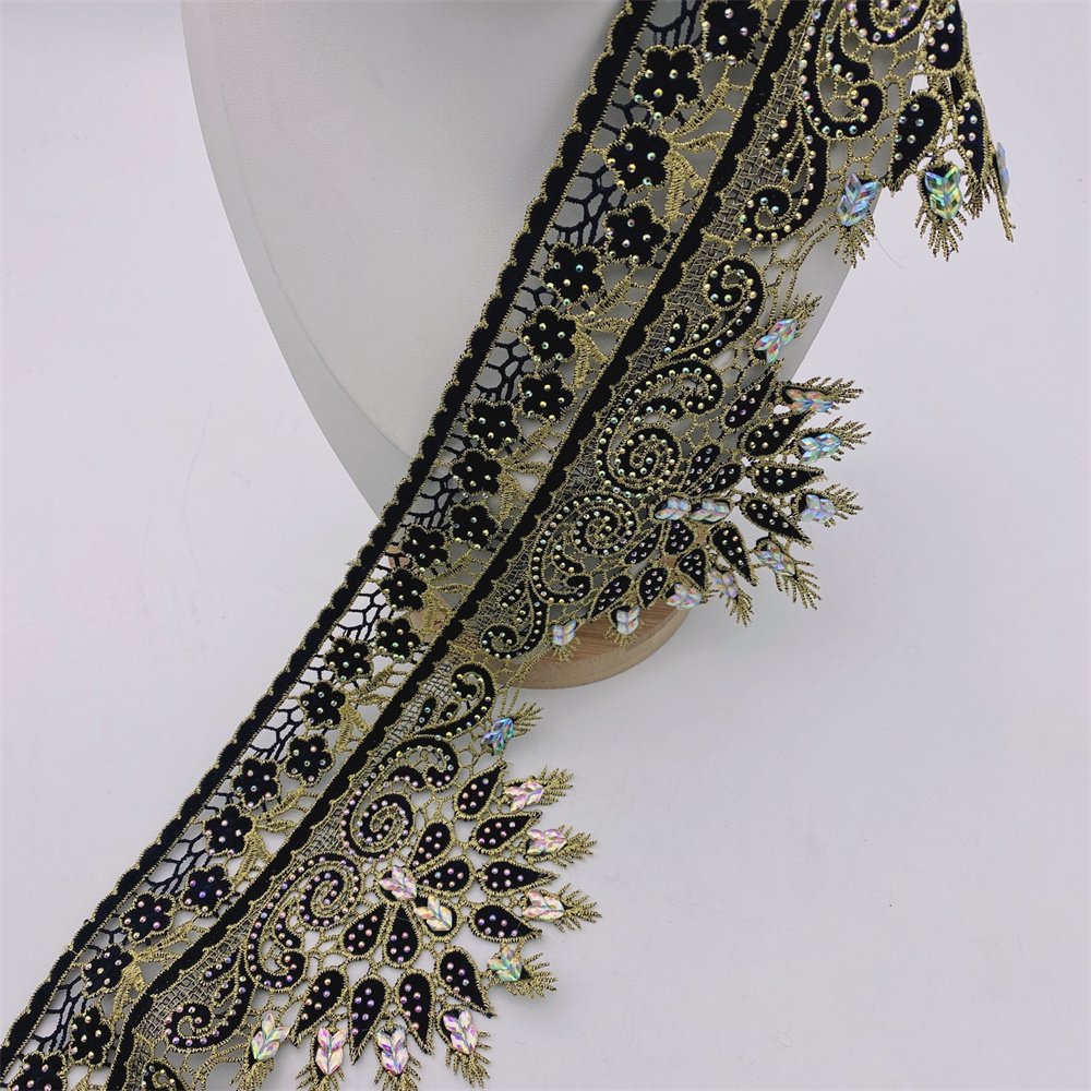 Wholesale wide 14cm high quantity Rhinestone Lace Trim for Wedding dress decoration