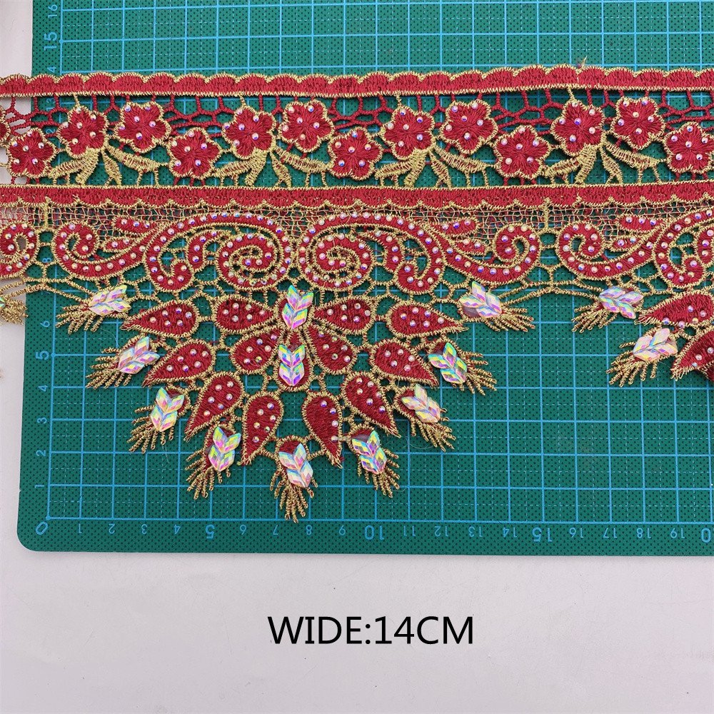 Wholesale wide 14cm high quantity Rhinestone Lace Trim for Wedding dress decoration
