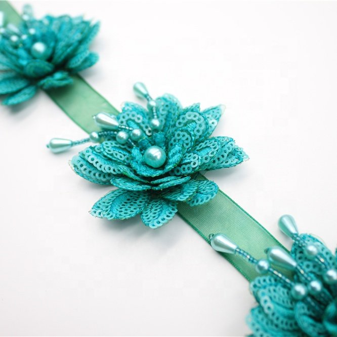 MS22146 New arrival embroidery guipure 3D flower sequin lace trim for wedding dress