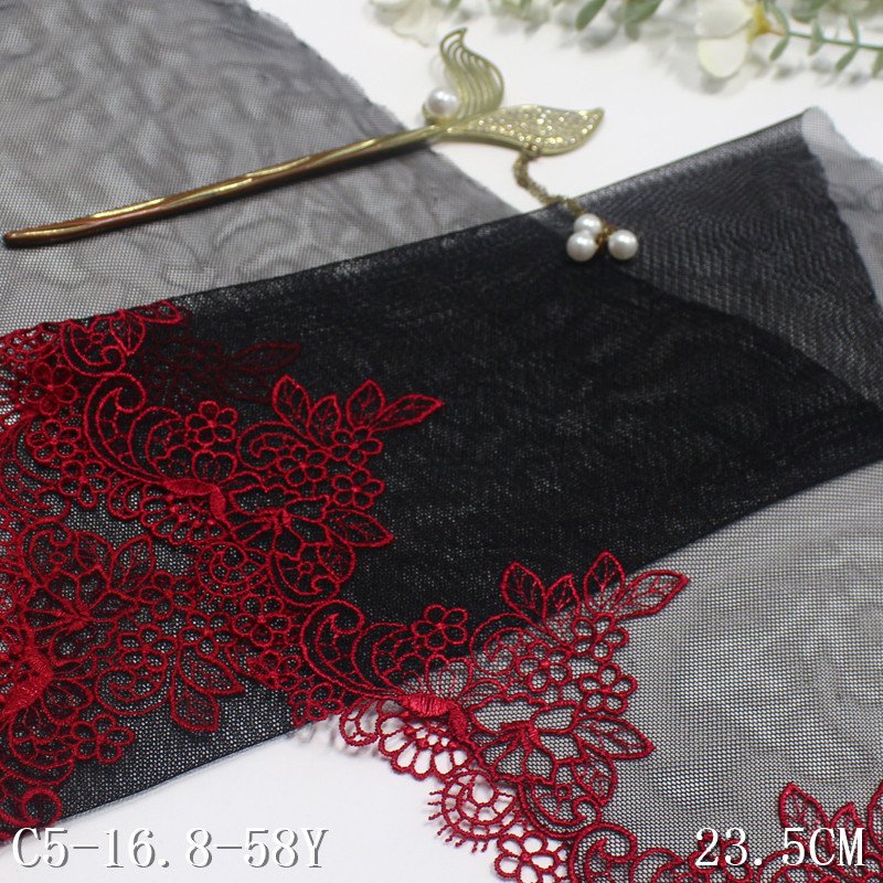 2024 new red flower Water-soluble edge embroidery encaje lace fabric non elastic border black tulle lace trim for lingerie dress