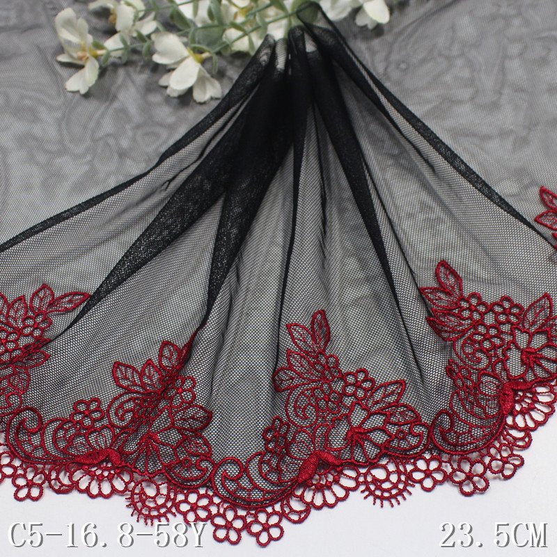 2024 new red flower Water-soluble edge embroidery encaje lace fabric non elastic border black tulle lace trim for lingerie dress
